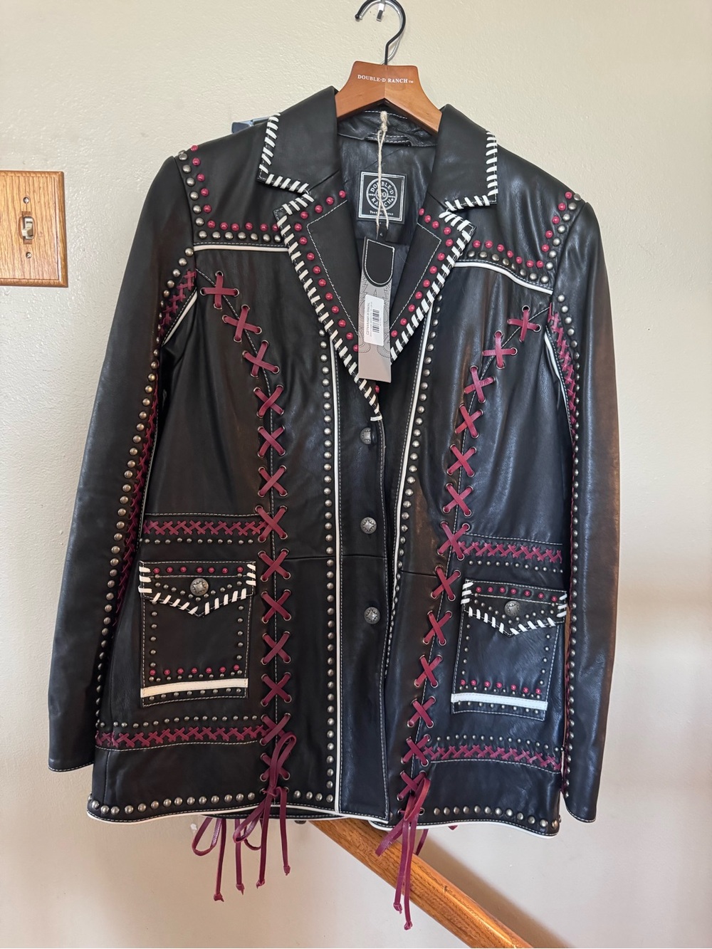 Double D Ranch Black Leather Jacket; lacing /Silver stud; Emmy guitar jacket